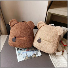 Bear Ear Fleece Small Backpack Casual Lambswool Daypack Shoulder Bag