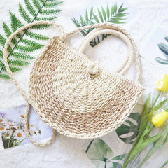 Women Straw Bag Round Woven Shoulder Beach Cross Body Bags