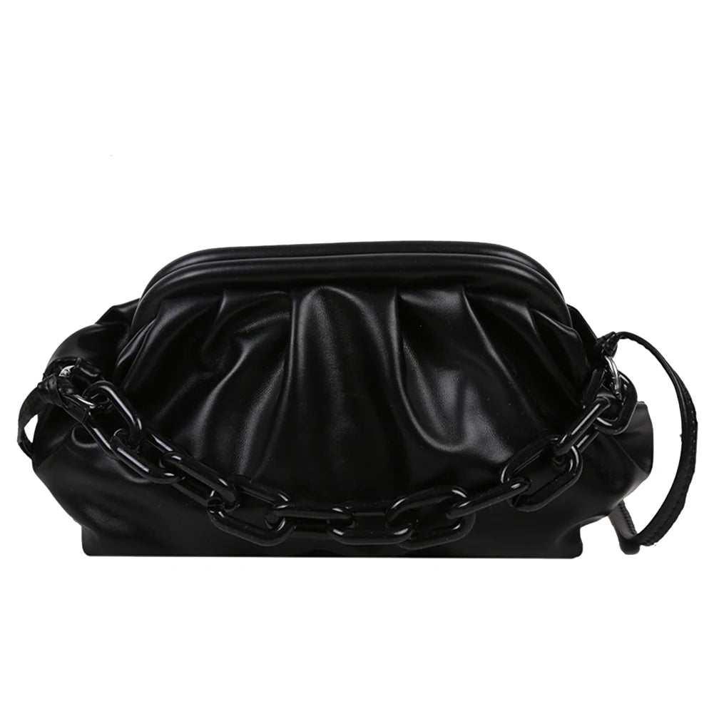 Vintage Pleated Female Handbag PU Leather Chain Cloud Shoulder Bag