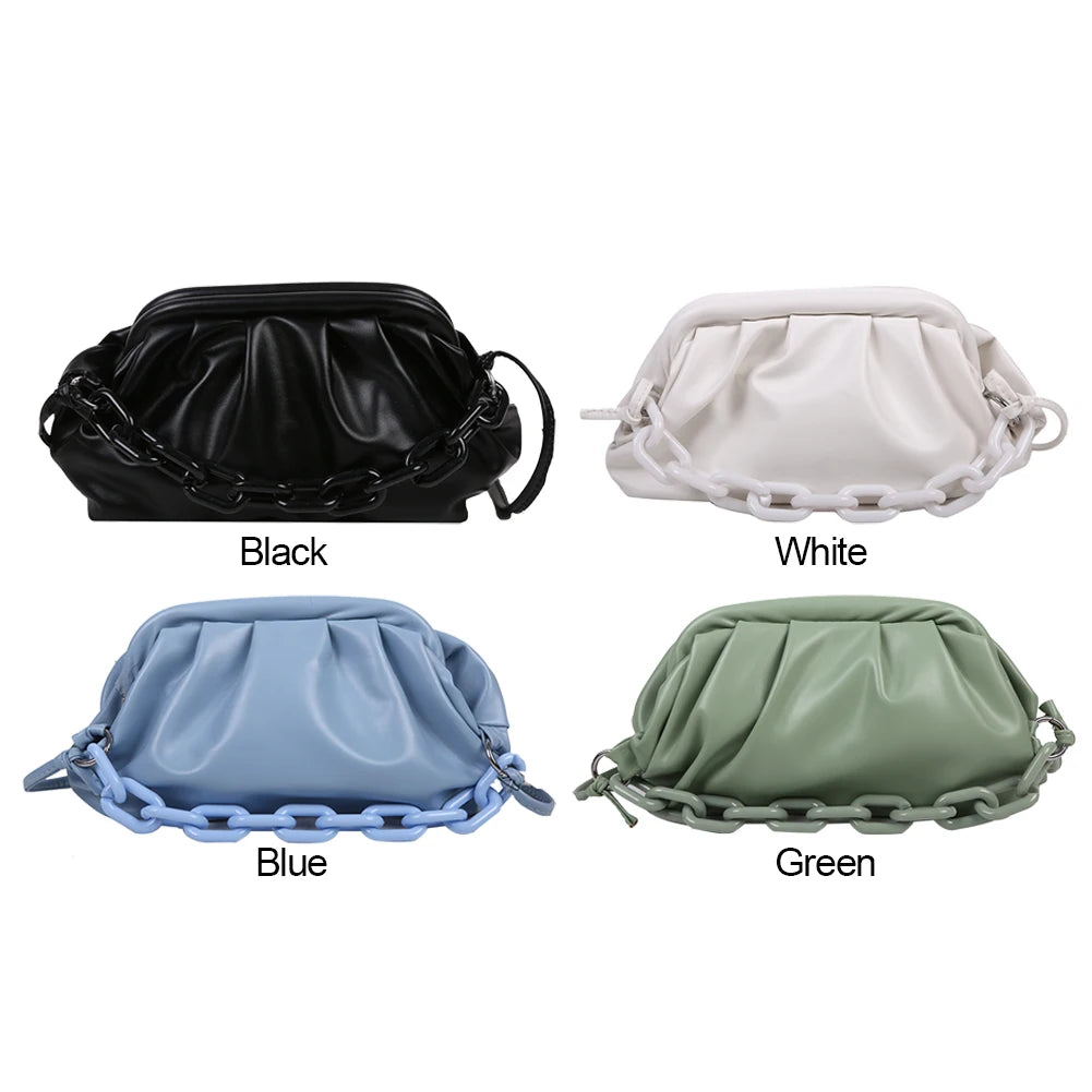 Vintage Pleated Female Handbag PU Leather Chain Cloud Shoulder Bag