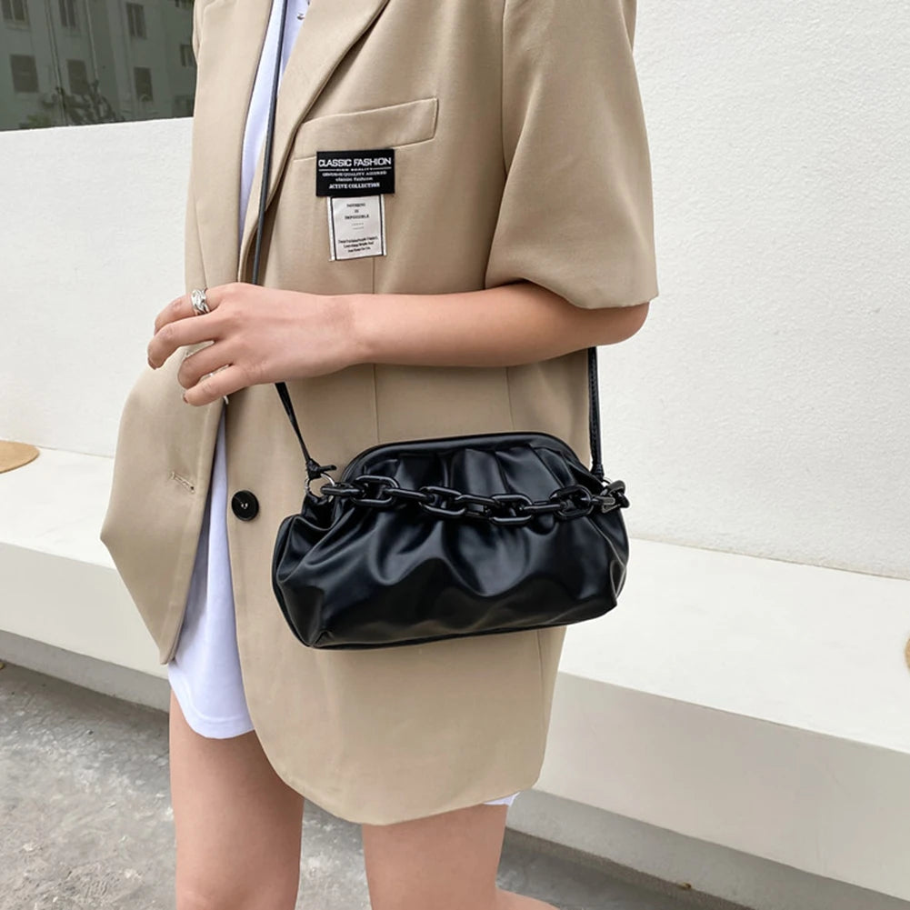 Vintage Pleated Female Handbag PU Leather Chain Cloud Shoulder Bag