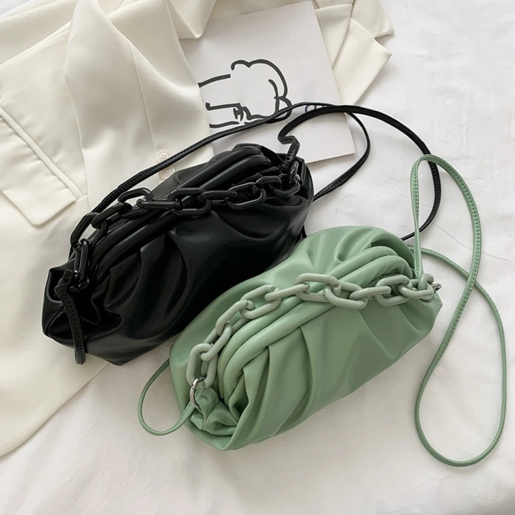 Vintage Pleated Female Handbag PU Leather Chain Cloud Shoulder Bag