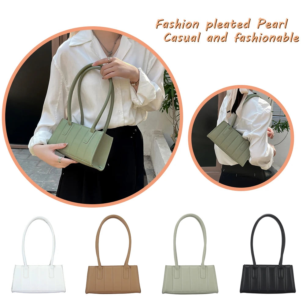 Pleated Female Handbag Embossing PU Shoulder Bag Ladies Solid Underarm Bags