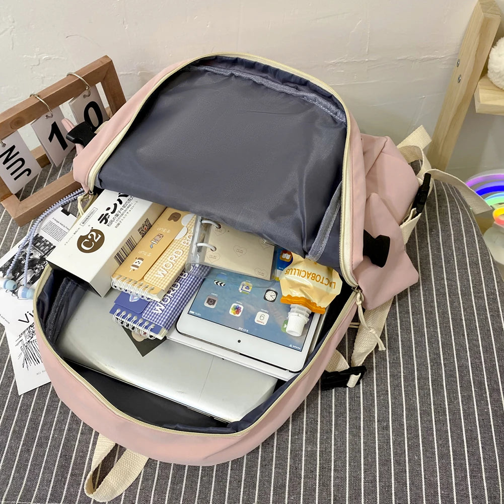 Preppy Style Canvas Backpack Women Contrast Harajuku Backpacks Students School