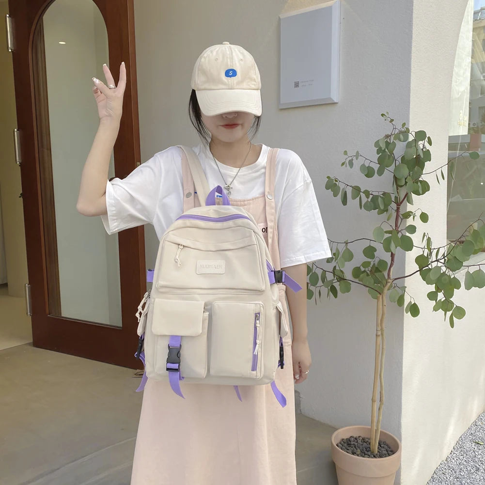 Preppy Style Canvas Backpack Women Contrast Harajuku Backpacks Students School