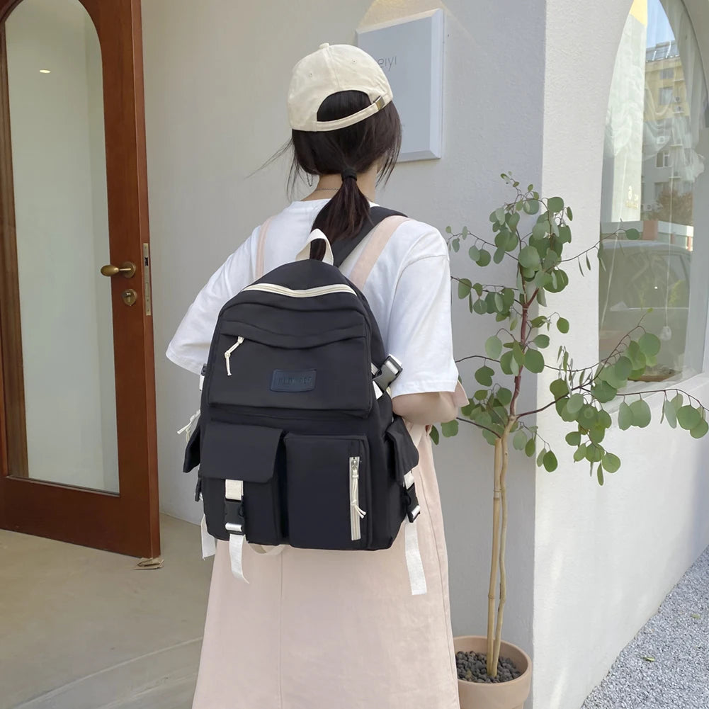 Preppy Style Canvas Backpack Women Contrast Harajuku Backpacks Students School