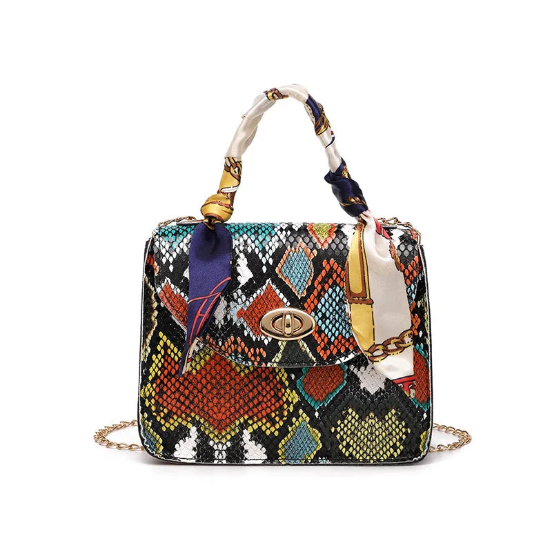 French Retro Snake Pattern Scarf Lock Chain Small Square Bag