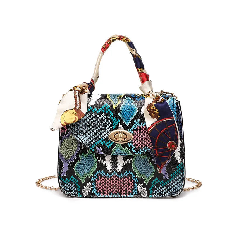 French Retro Snake Pattern Scarf Lock Chain Small Square Bag