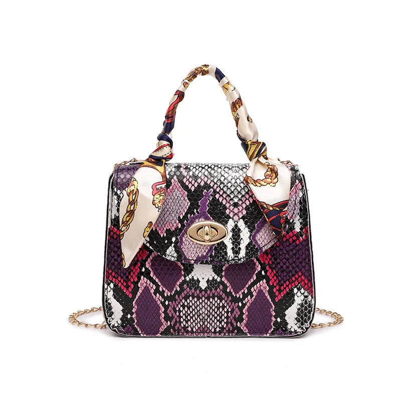 French Retro Snake Pattern Scarf Lock Chain Small Square Bag