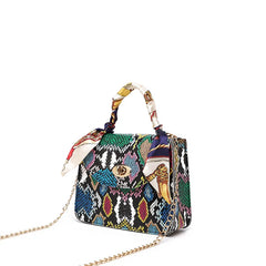 French Retro Snake Pattern Scarf Lock Chain Small Square Bag