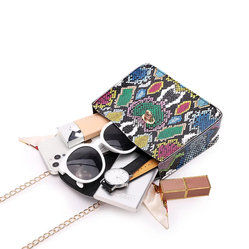 French Retro Snake Pattern Scarf Lock Chain Small Square Bag