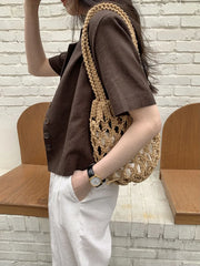 Summer Hollow Woven Shoulder Bag Lightweight Bucket Purse Handbag
