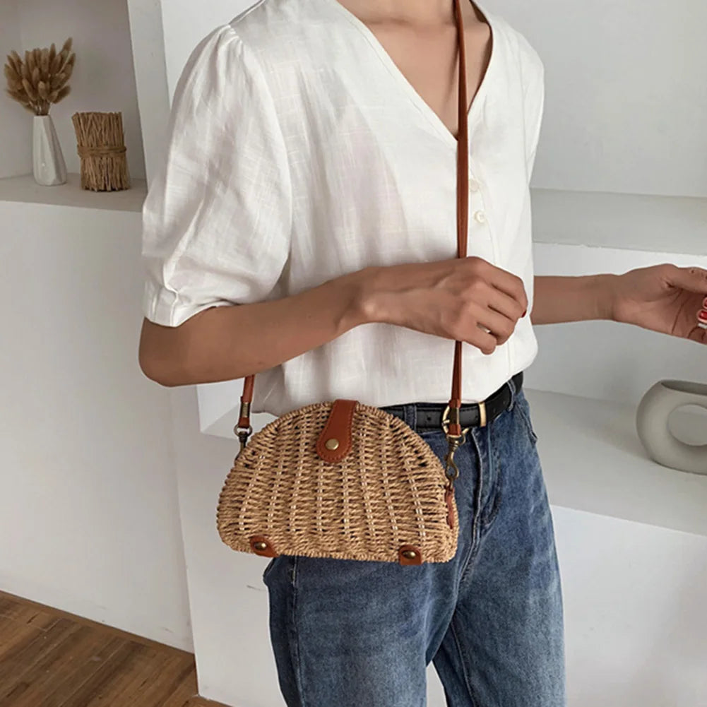 Summer Boho Straw Women's Bag Semicircle Dumpling Shoulder Crossbody Messenger B