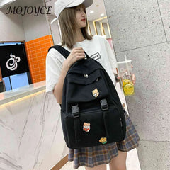 Canvas Backpack Solid Badges Zip Open Pocket Large Capacity