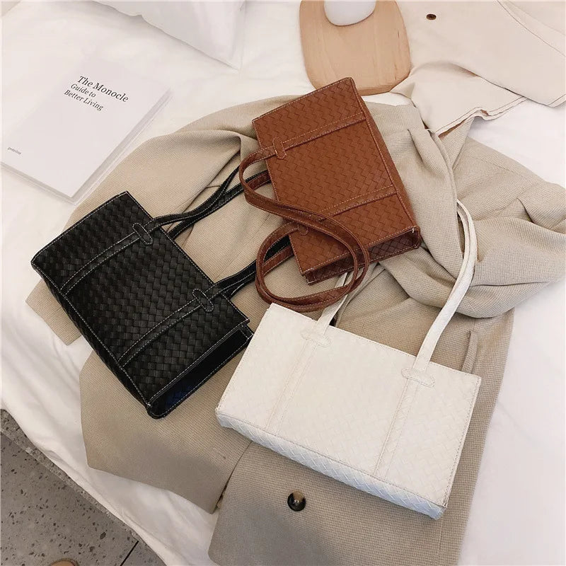 Woven Handbags Women Bales Tide Weave Hand Shoulder Lady Retro Solid Purse Small