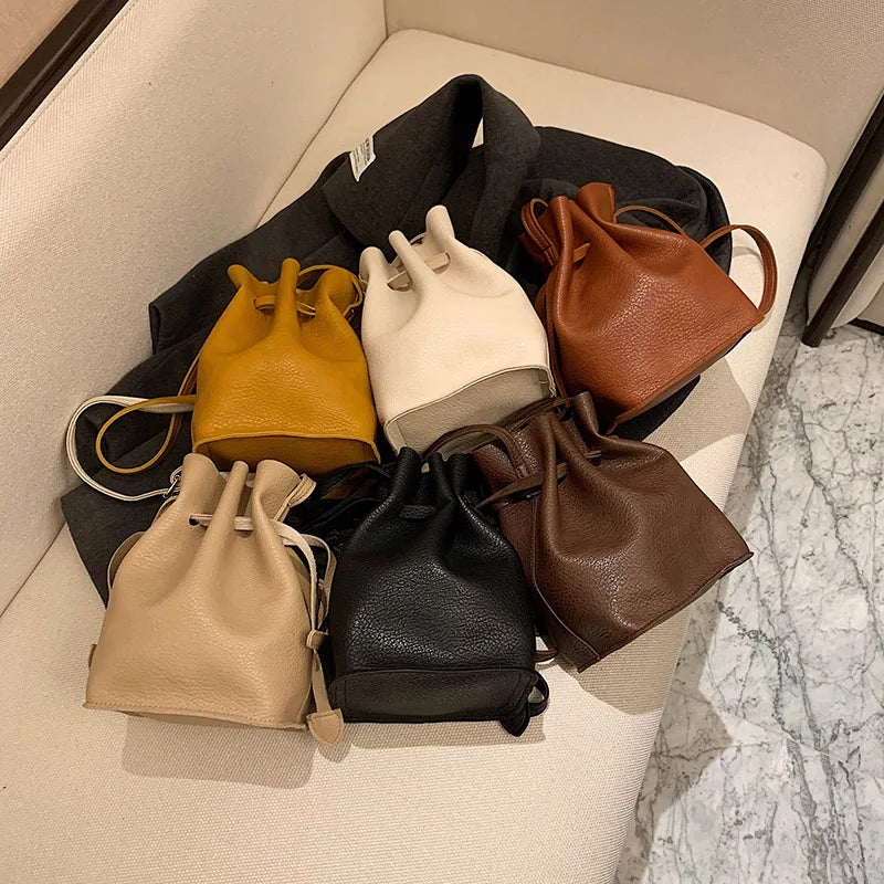 Vintage Soft PU Leather Bucket Crossbody Bag for Women Handbag Clutch