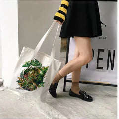 Canvas Shoulder Bag Flower Frog Female Handbag Large Capacity Reusable Shopping