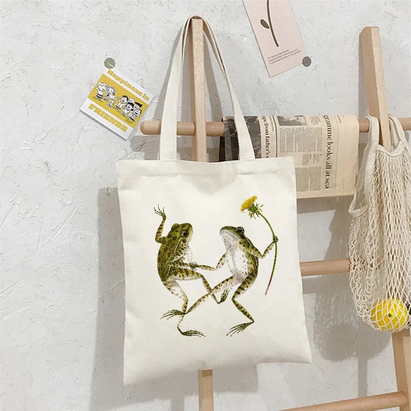 Canvas Shoulder Bag Flower Frog Female Handbag Large Capacity Reusable Shopping