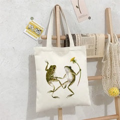 Canvas Shoulder Bag Flower Frog Female Handbag Large Capacity Reusable Shopping