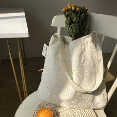 Casual Canvas Shoulder Bag with Large Capacity Embossed Daisy Handbag