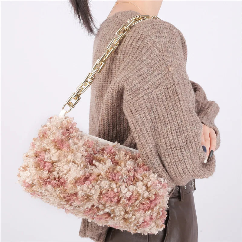 Fluffy Small Shoulder Bag for Women with Chain