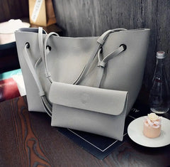 2-Piece Set: Plain Big Tote Handbag in Pink & Grey Clutch Bag
