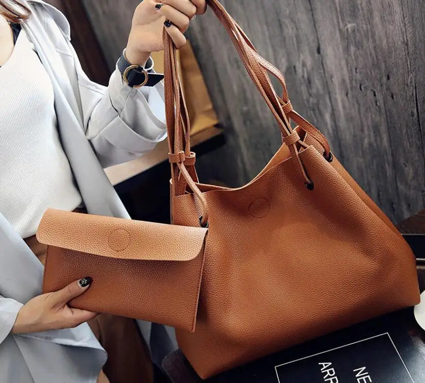 2-Piece Set: Plain Big Tote Handbag in Pink & Grey Clutch Bag
