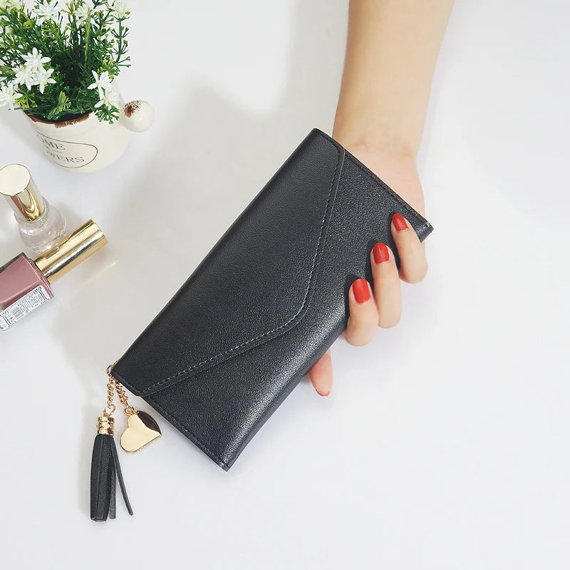 Long Student Wallet with Love Pendant Tassel Buckle