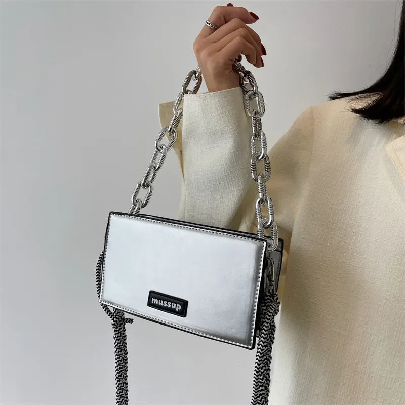 Women's Thick Chain Messenger Bag Leather Shoulder Clutch Purse Handbag