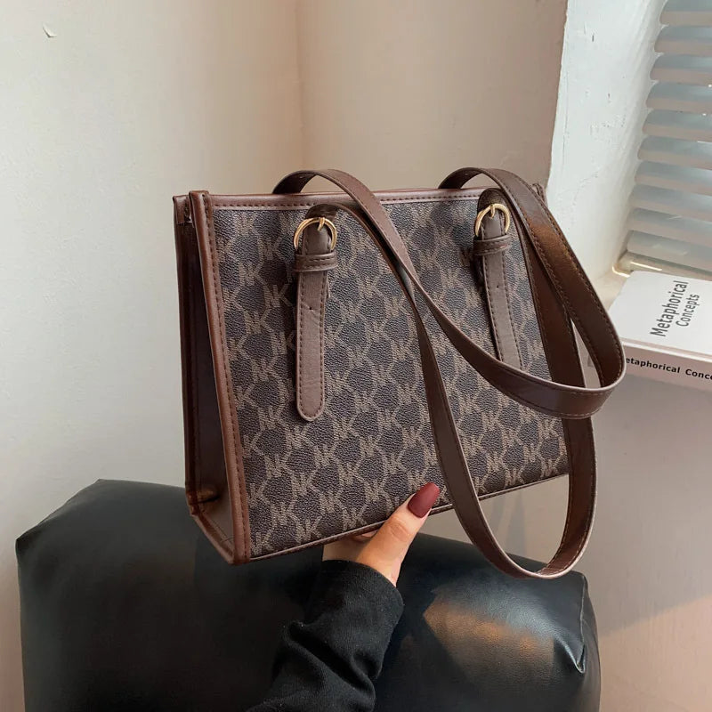 April Grid Shoulder Bag Women High Big Handbag Brown Tote Bag Large Capacity