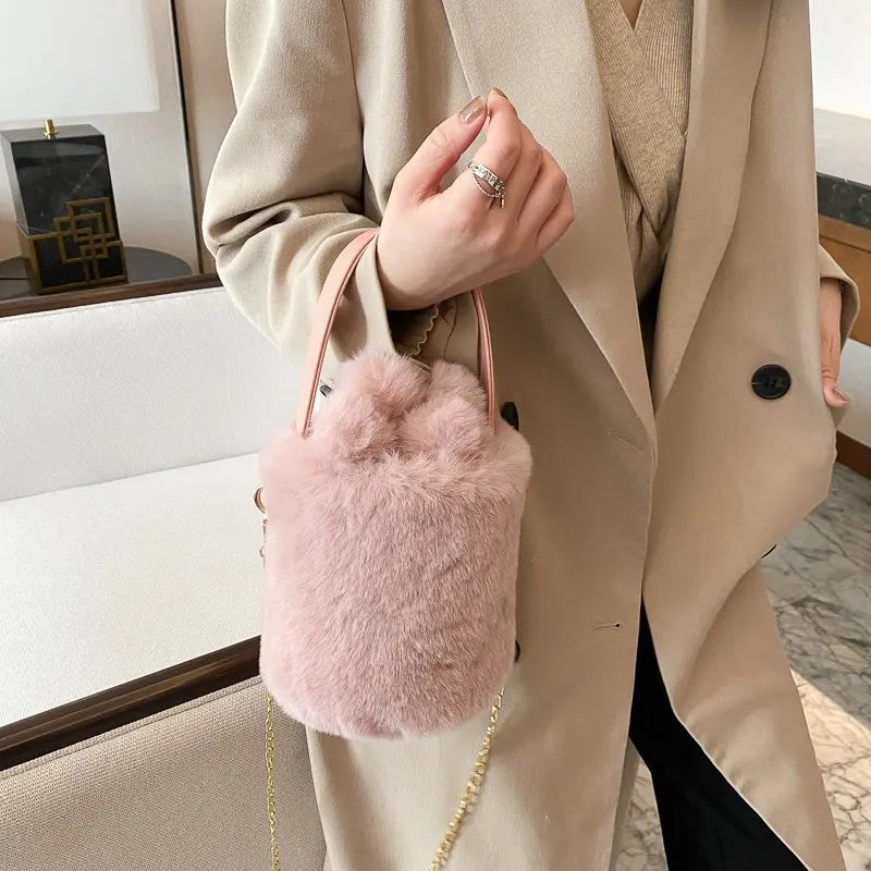Plush Women's Drawstring Bucket Bag Anti-theft Hair Ball Handbag