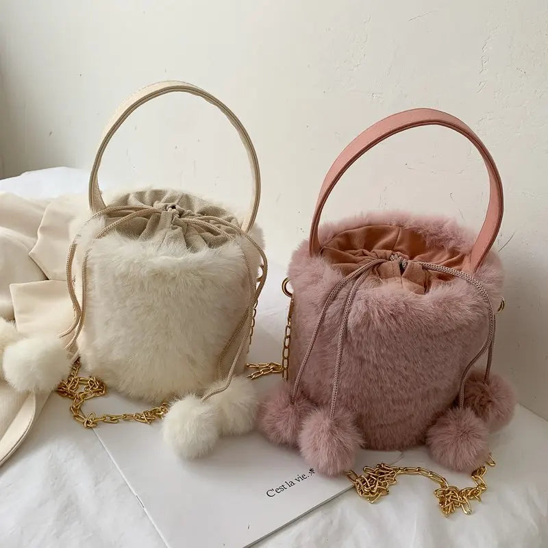 Plush Women's Drawstring Bucket Bag Anti-theft Hair Ball Handbag