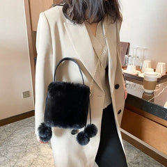 Plush Women's Drawstring Bucket Bag Anti-theft Hair Ball Handbag