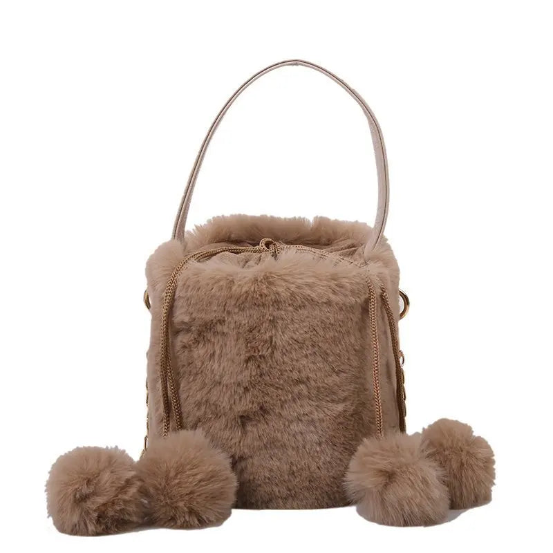 Plush Women's Drawstring Bucket Bag Anti-theft Hair Ball Handbag