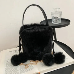 Plush Women's Drawstring Bucket Bag Anti-theft Hair Ball Handbag