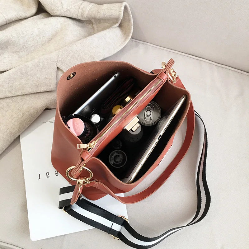 Women PU Leather Handbag Shoulder Messenger Large Capacity Bucket Bag