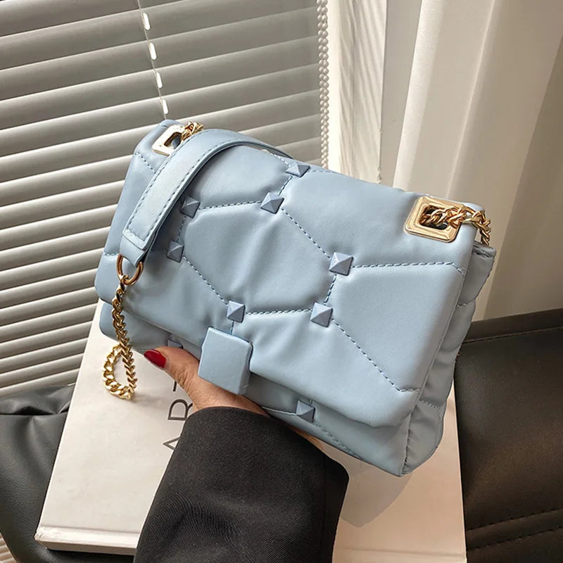 Orange Chain Messenger Bag Clutch Rivet Shoulder Soft Leather Bag