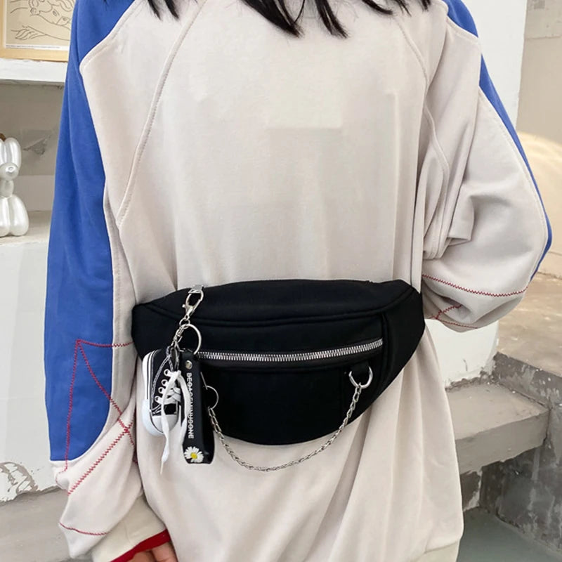 Canvas Chain Fanny Waist Bag Zipper Chest Bag