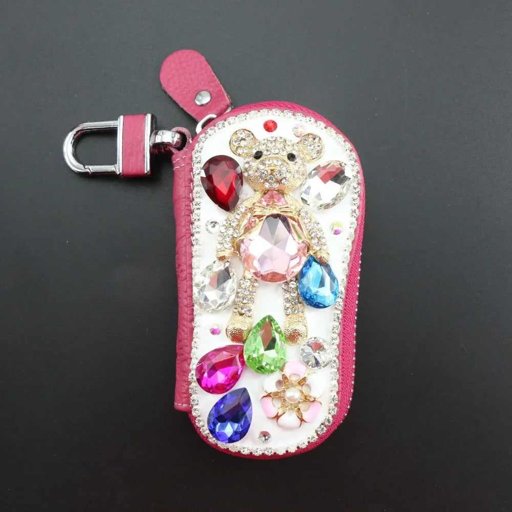 Diamond Bear Key Wallet Leather Organizer Case for Women