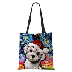 Christmas Dog Canvas Tote Bag Harajuku Women Reusable Shoulder Bag