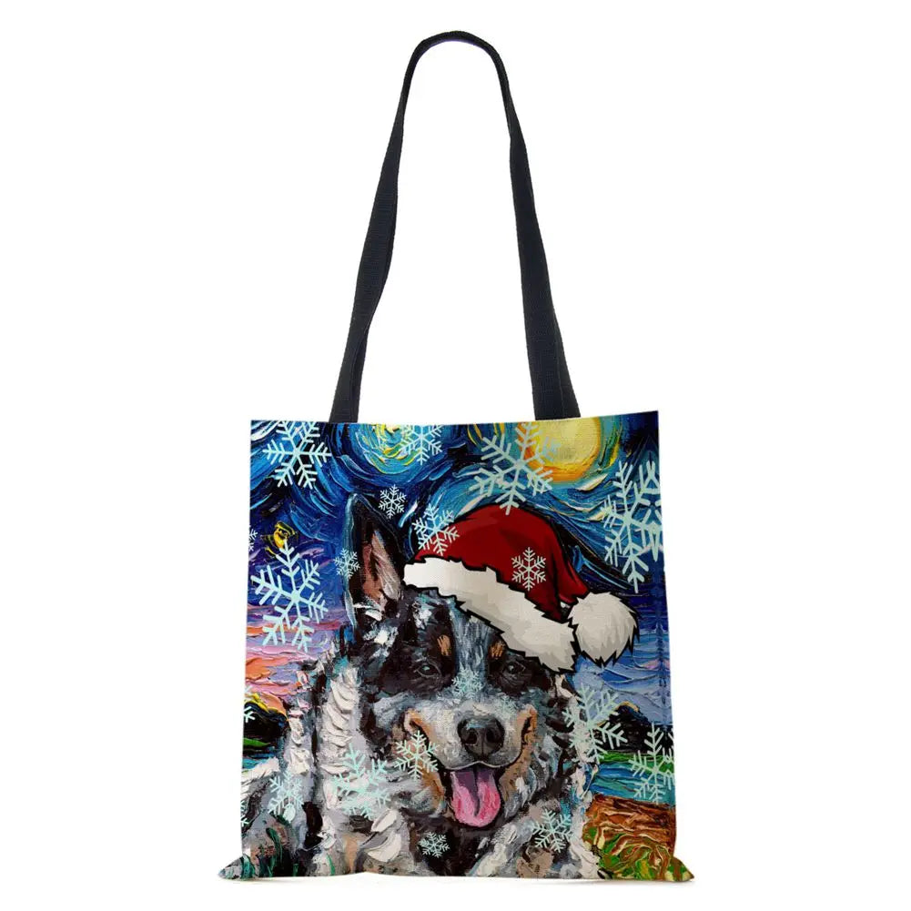 Christmas Dog Canvas Tote Bag Harajuku Women Reusable Shoulder Bag