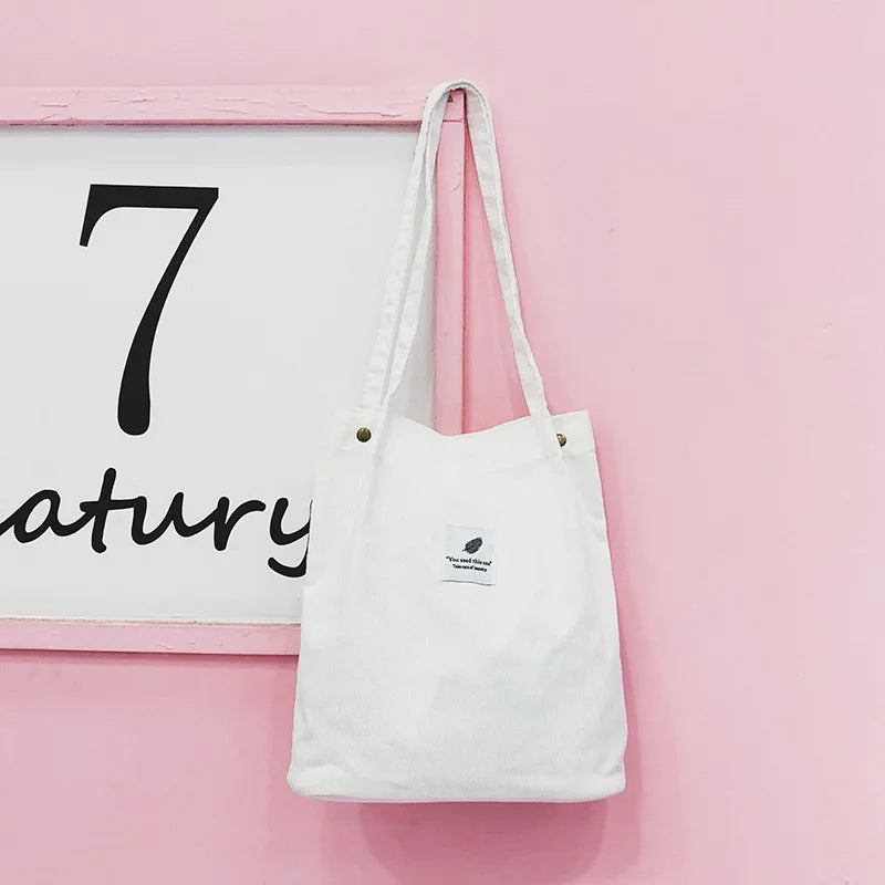 Corduroy Shoulder Bag Women Cotton Handbag Eco Shopping Orangnizer