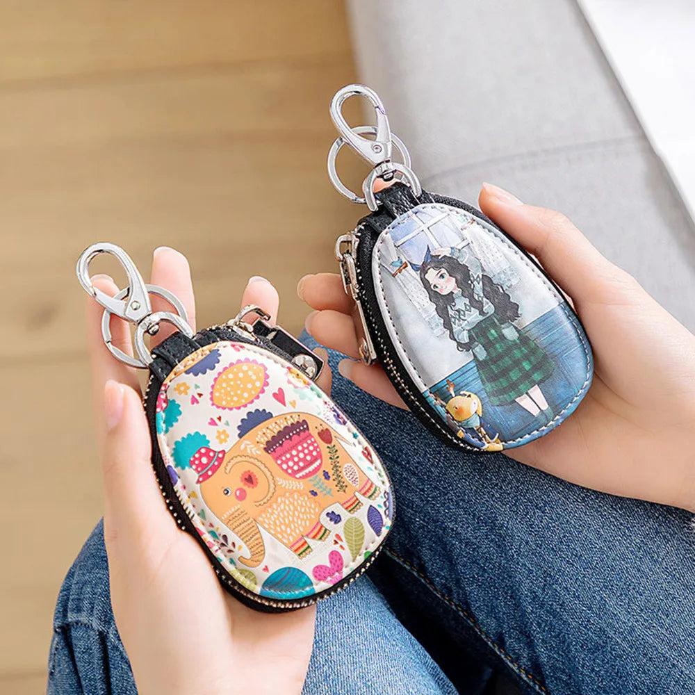 Cat Painted Key Bag Women Pu Leather Key Wallets