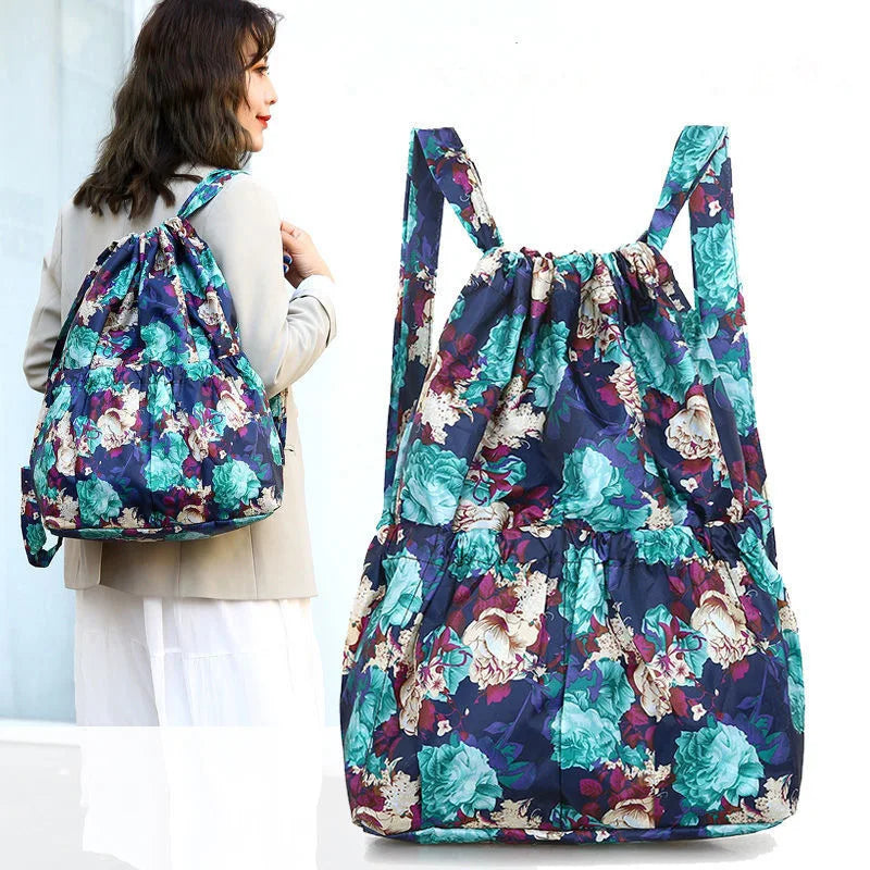 Vintage Drawstring Backpacks Women Large Flower Ethnic Style Waterproof Rucksack