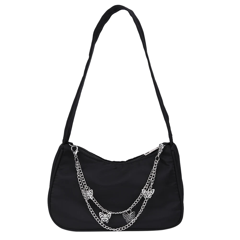 Women Small Shoulder Bag PU Leather & Nylon Vintage Butterfly Chain Mini Purse