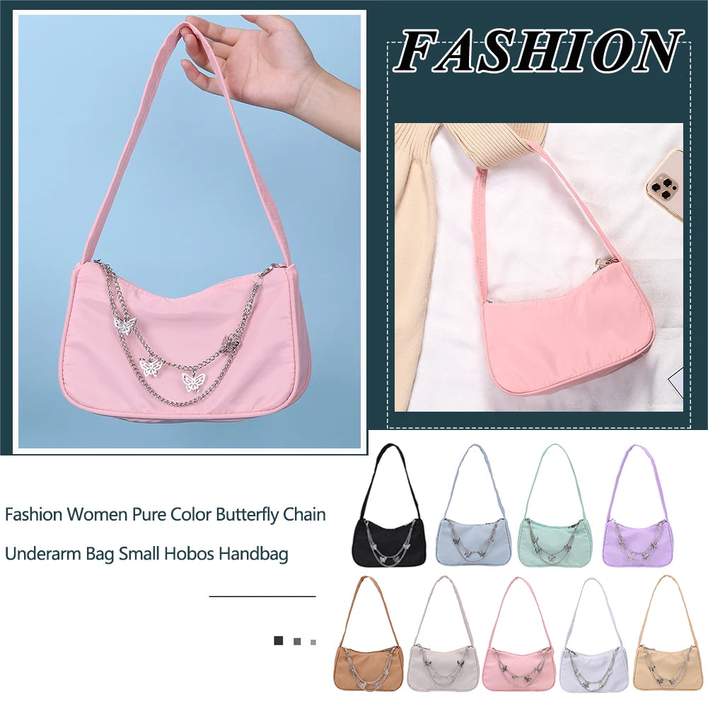 Women Small Shoulder Bag PU Leather & Nylon Vintage Butterfly Chain Mini Purse
