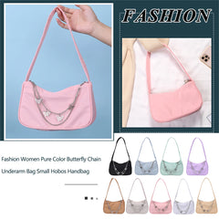 Women Small Shoulder Bag PU Leather & Nylon Vintage Butterfly Chain Mini Purse