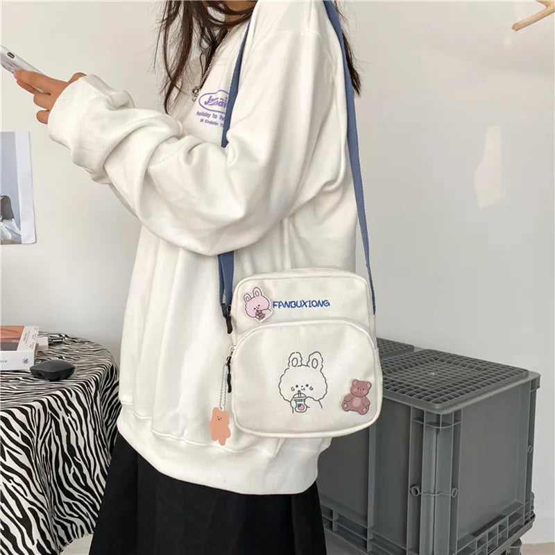 Female Cartoon Canvas Crossbody Bag Small Fresh Single Shoulder Bag