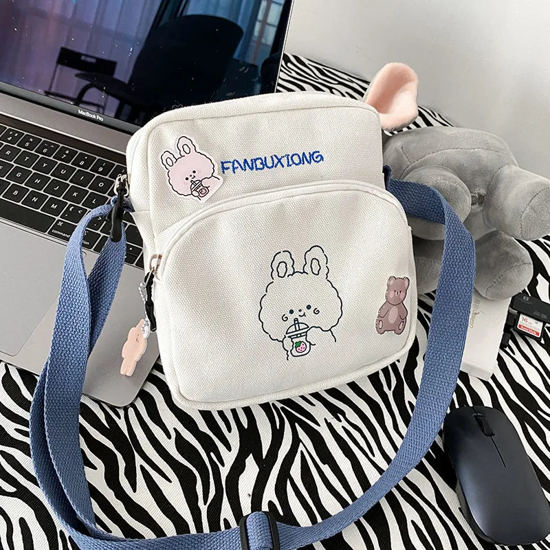 Female Cartoon Canvas Crossbody Bag Small Fresh Single Shoulder Bag