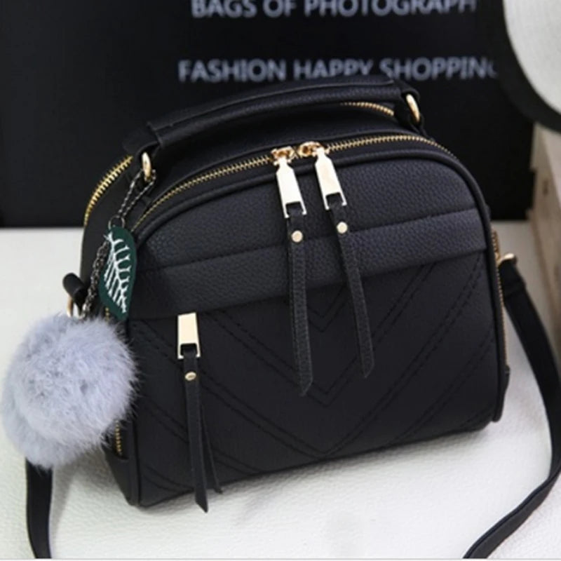 Girl Messenger Bags with Fair Ball Tassel PU Leather Handbag for Women